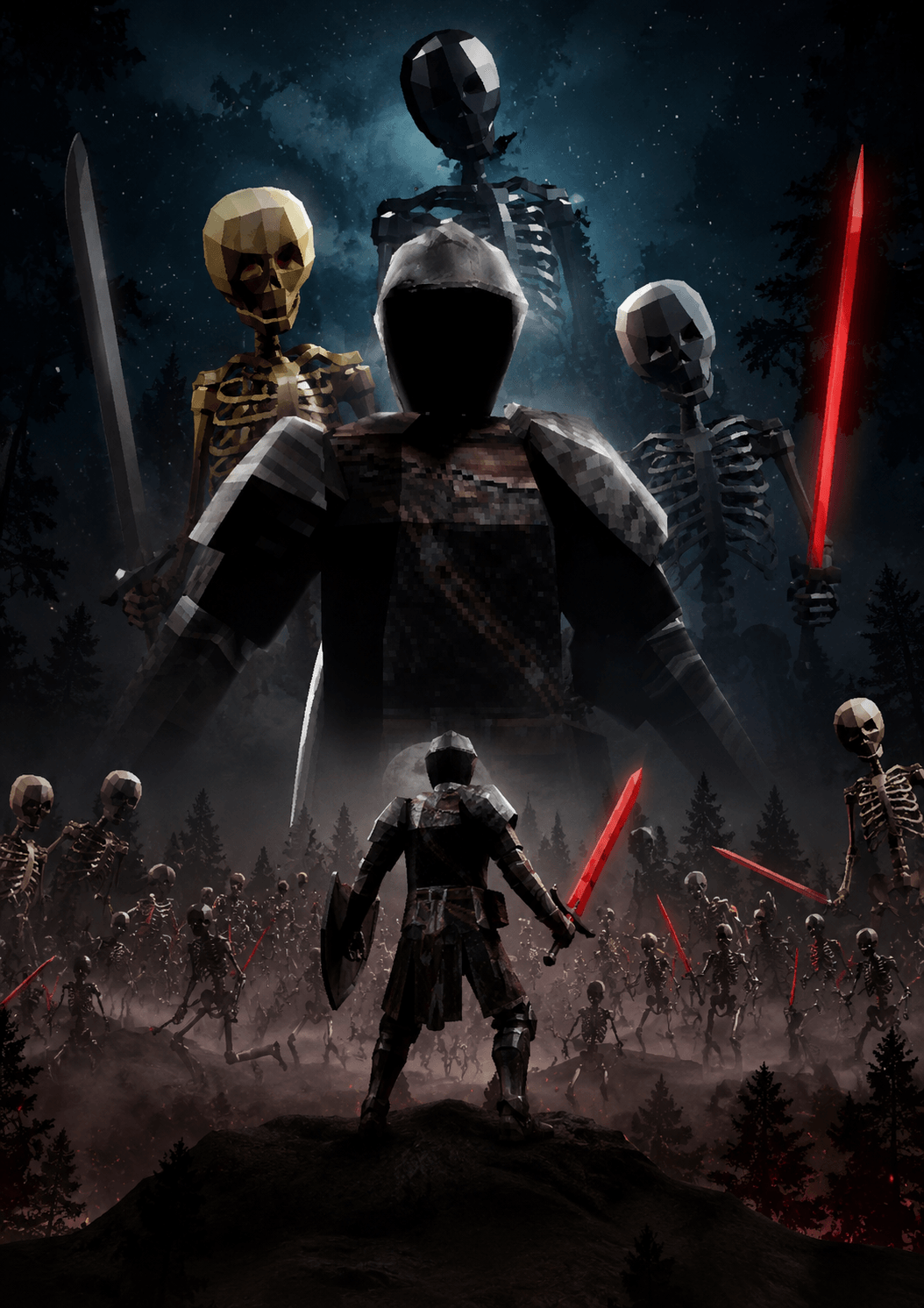 A lone armored warrior facing a vast skeleton army