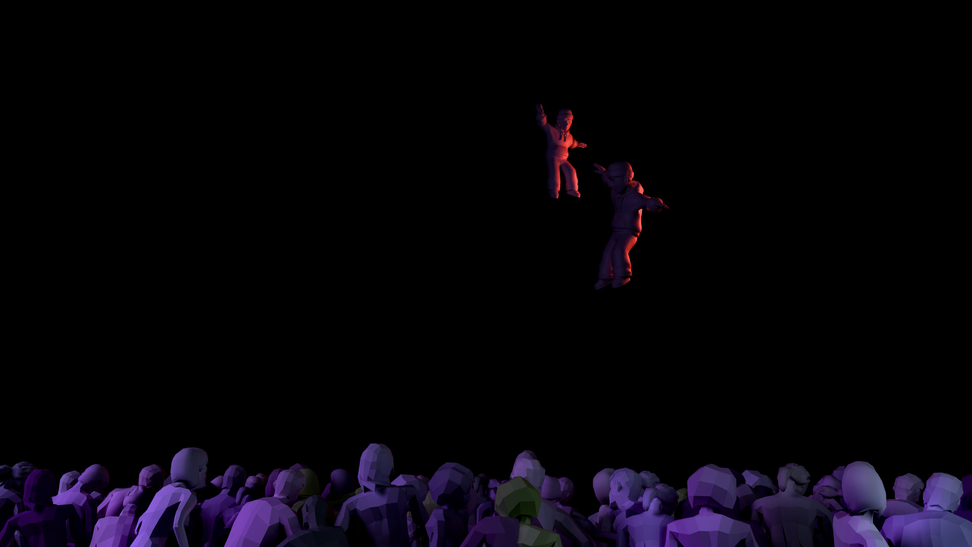 A low-poly crowd lit in violet while two red-lit figures rise above them in the dark